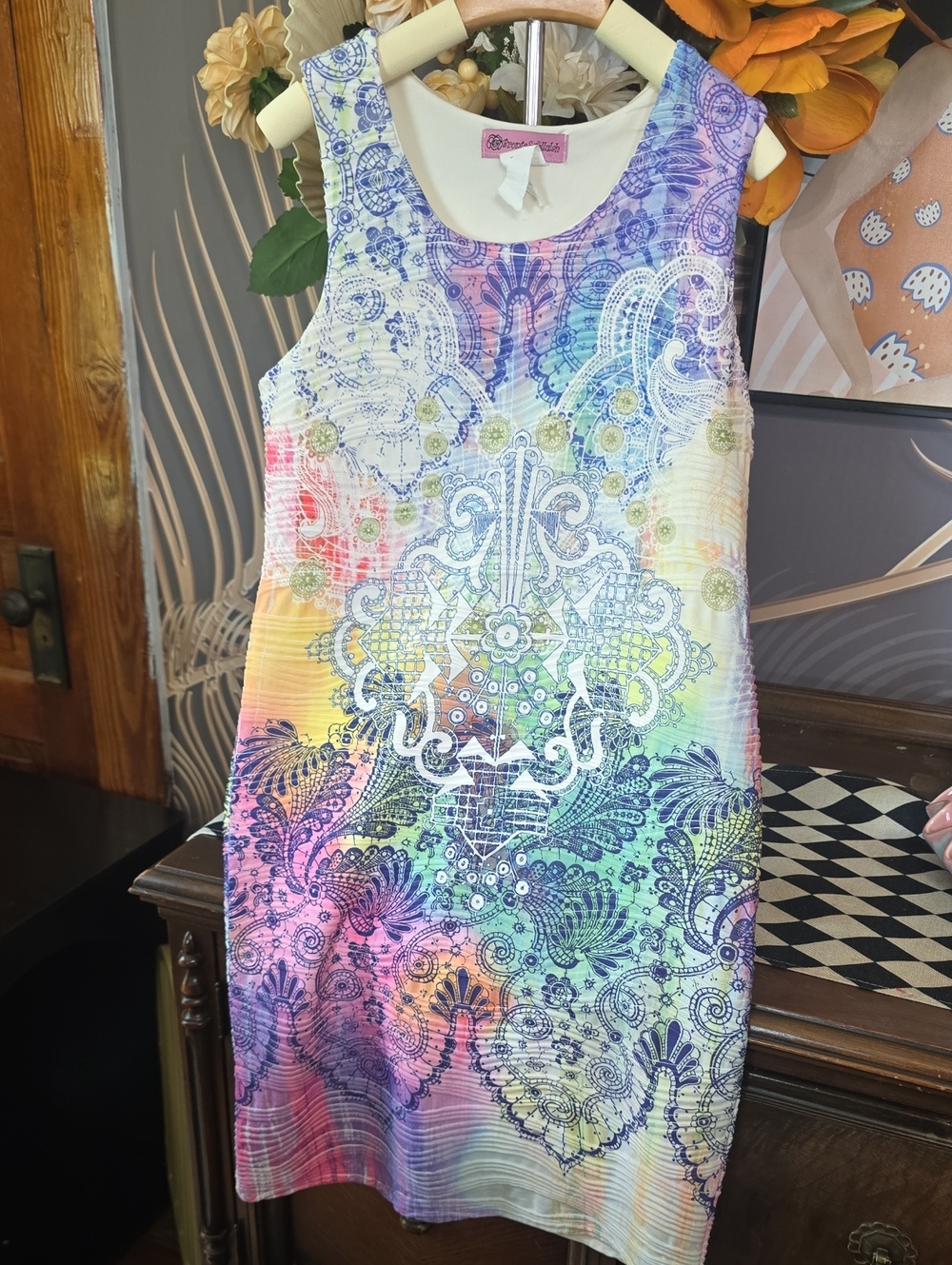Sleeveless Multicolor Batik Boho-Print Shift Dress